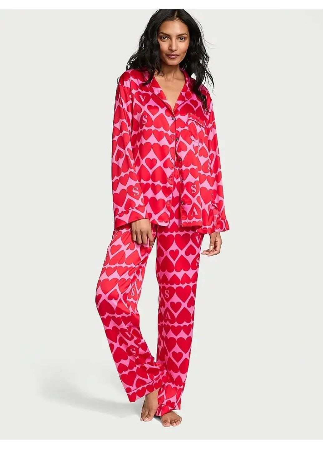 Червона всесезон подарунковий набір піжама satin glazed satin long pajama set + трусики tease high-leg scoop thong panty Victoria's Secret