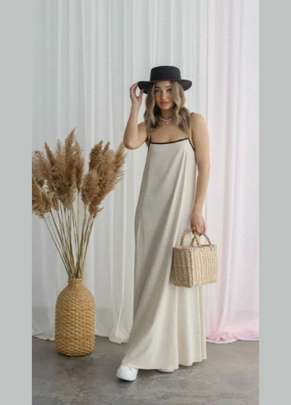 Бежевое повседневный, праздничный, вечернее льняное платье-сарафан макси Amos однотонное