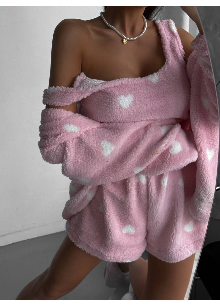 Рожева жіноча тепла махрова піжама трійка топ + шорти No Brand