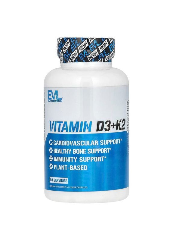 Витамины Д3 5000 МЕ и К2 90мг для здоровья костномышечной системы 60 вегетарианских капсул EVLution Nutrition (278101611)