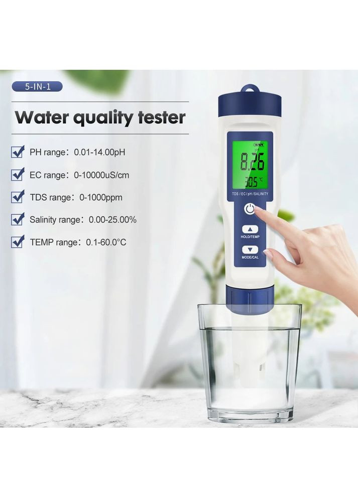 Цифровий 5-в-1 тестер pH/TDS/EC/Salinity/Temperature EZ-9909 з підсвічуванням і захистом від вологи IP67 Yieryi (351391563)