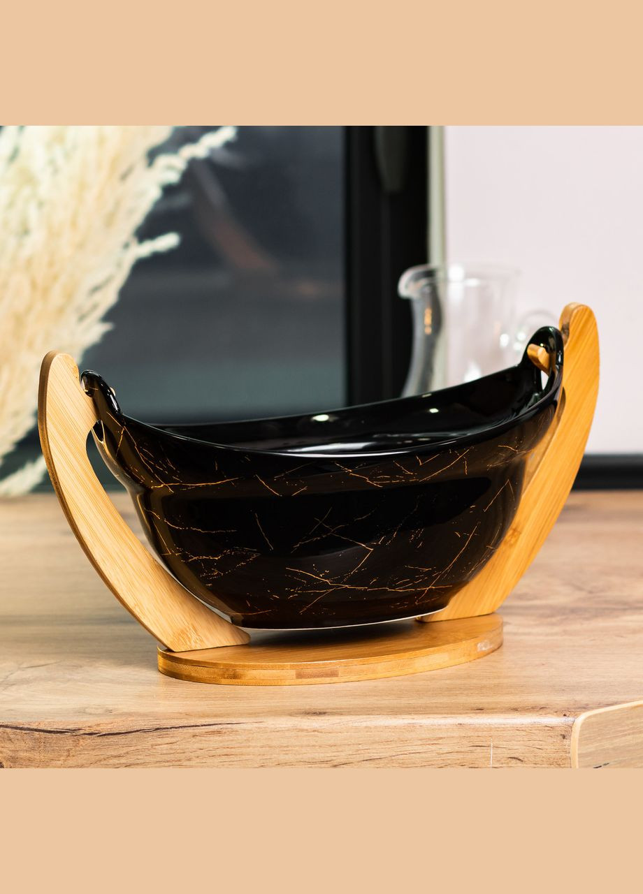 Фруктовниця керамічна на бамбуковій підставці, чорний мармур Yiwu (322421120)