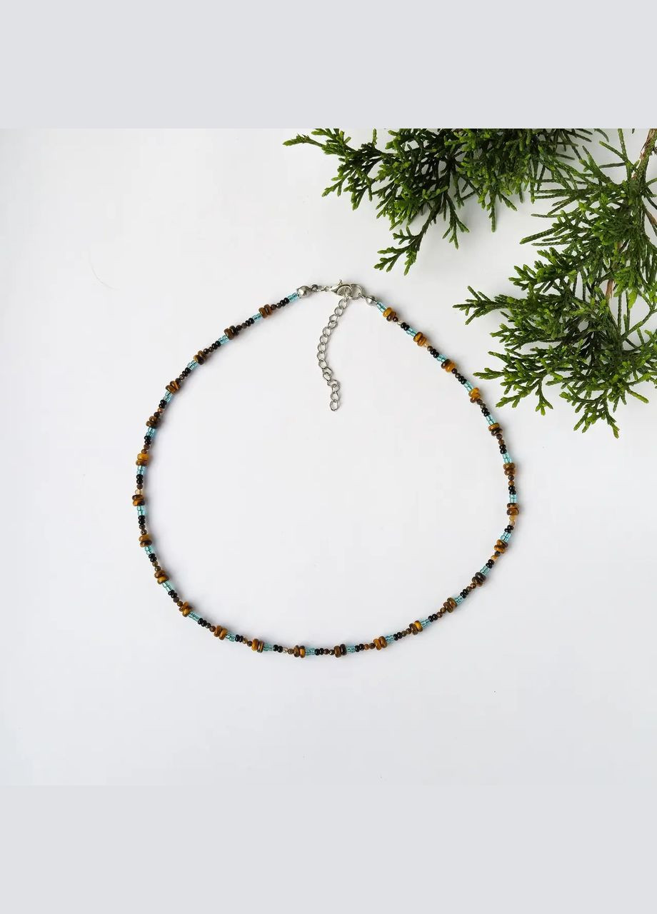 Чокер натуральний камінь Тигрове Око та Бісер, фур-ра нержавіюча сталь d-4х2мм+- L-38-43см No Brand тигрове око нержавіюча сталь, бісер (324836254)