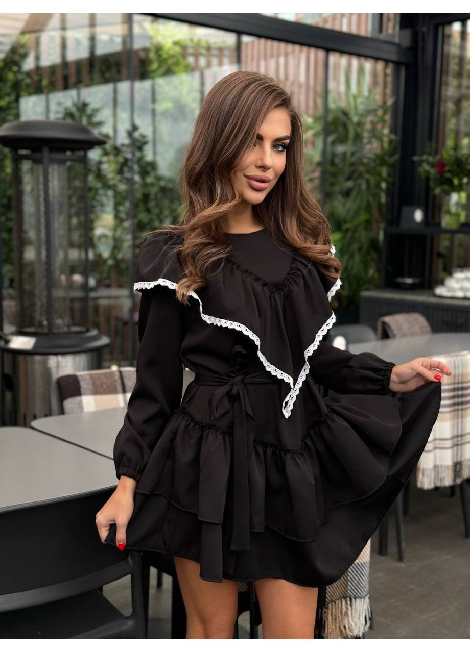 Черное праздничный женское трендовое платье с кружевной отделкой (замеры в описании) силуэтная GD/GL Модний простір однотонное