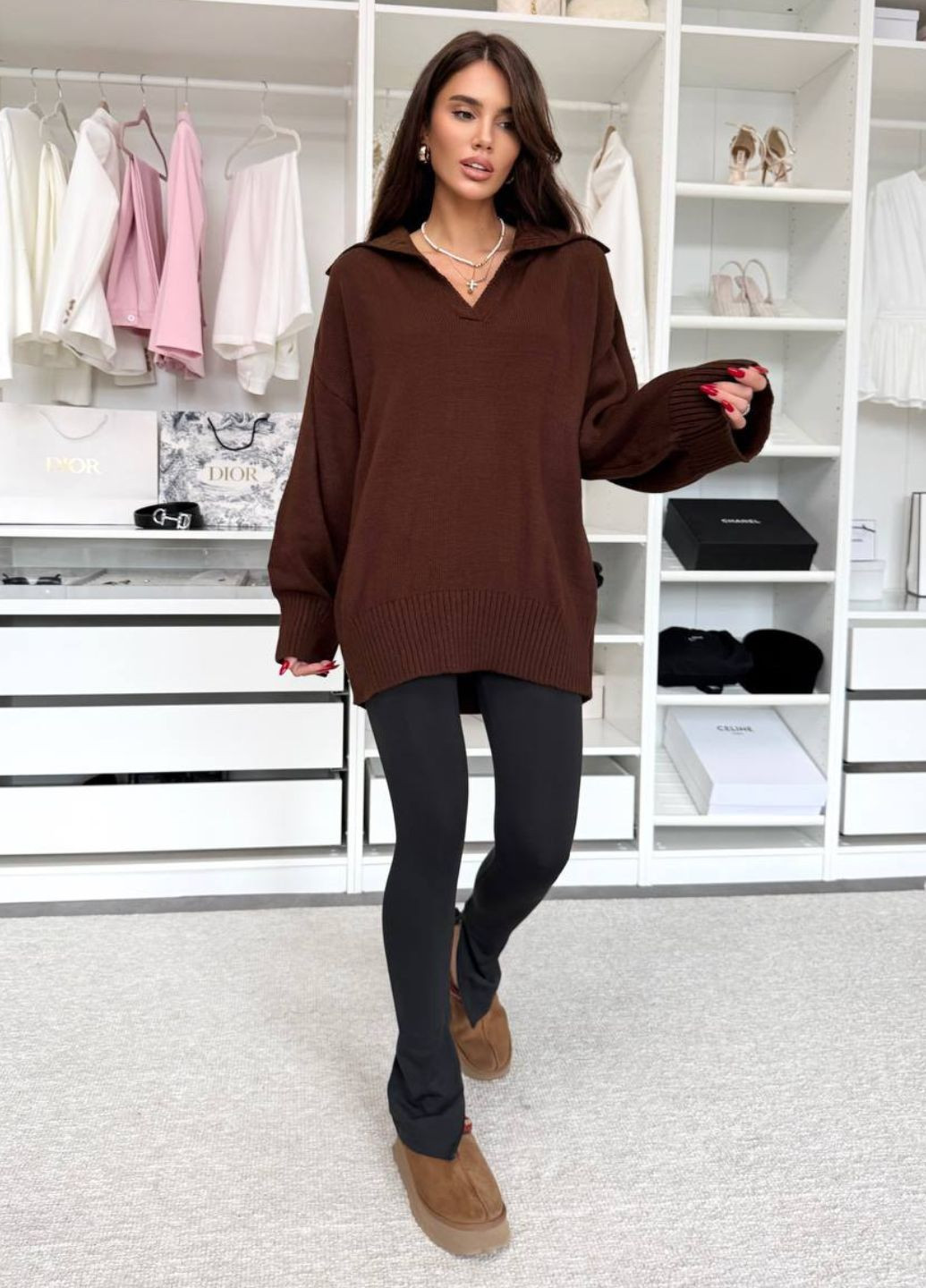 Коричневий демісезонний вишуканий повсякденний в'язаний демісезонний оверсайз светр з відкладним коміром Allthings