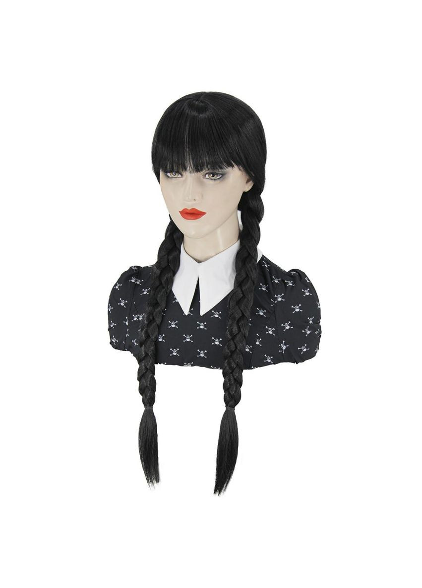 Парик черный длинный с челкой в стиле Венздей с косами, синтетические термостойкие волосы для косплея No Brand (366422016)