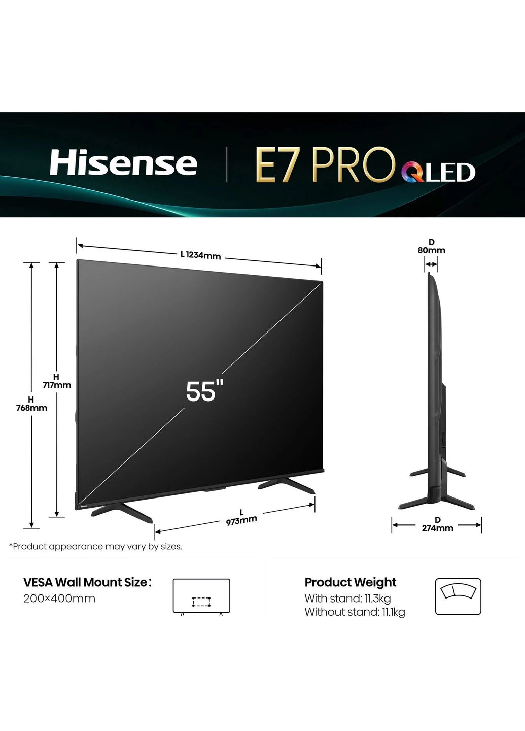 Телевізор 55E7Q Pro 55" QLED 4K (20015822) UA [166081] Hisense (400938767)