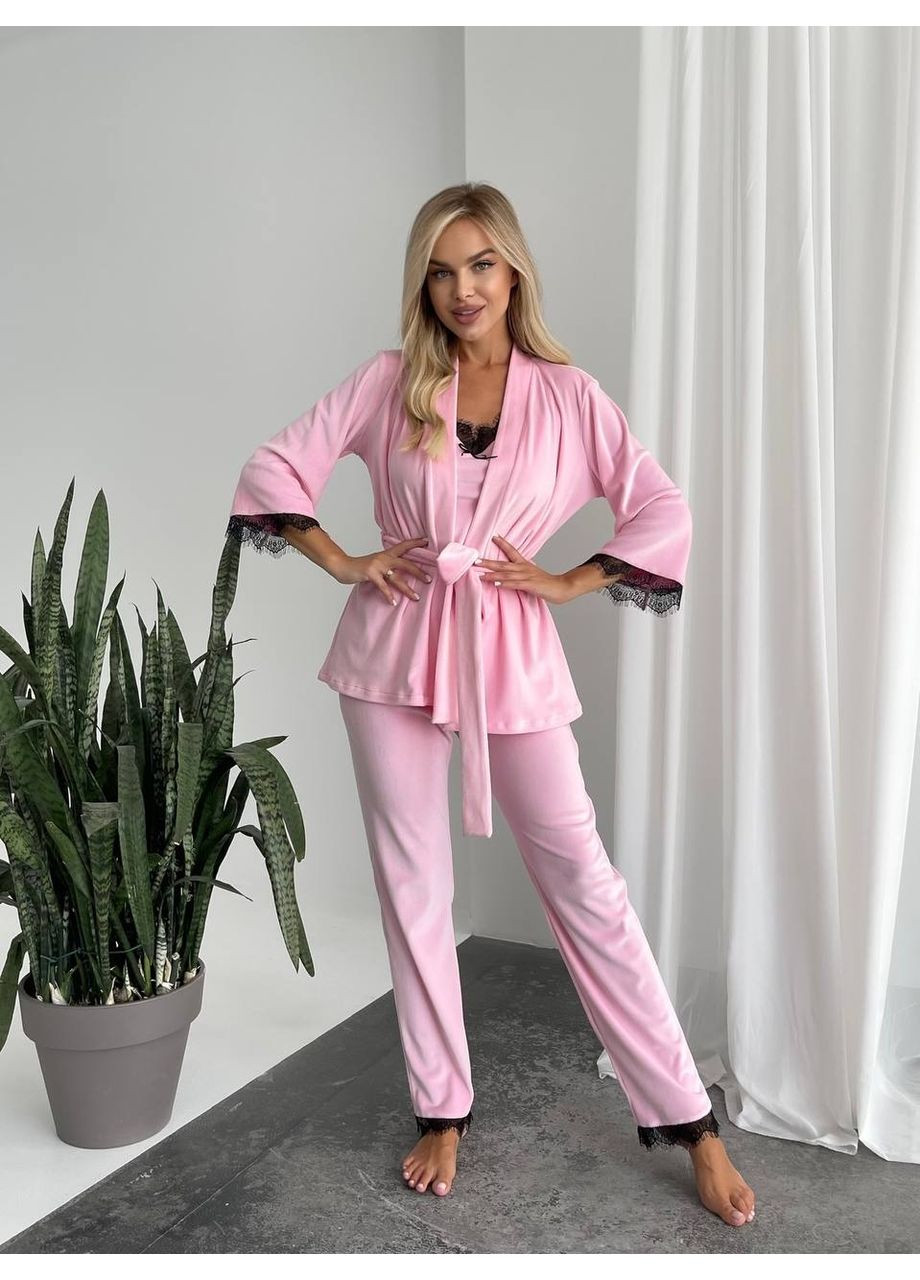 Розовый демисезонный велюровый домашний костюм тройка розового цвета 34561 Fashion