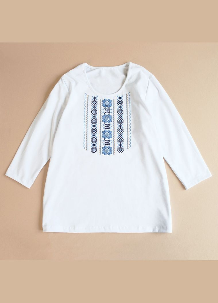 Женская вышитая футболка с 3/4 рукавом белая с цветами. Ladan - (301026411)