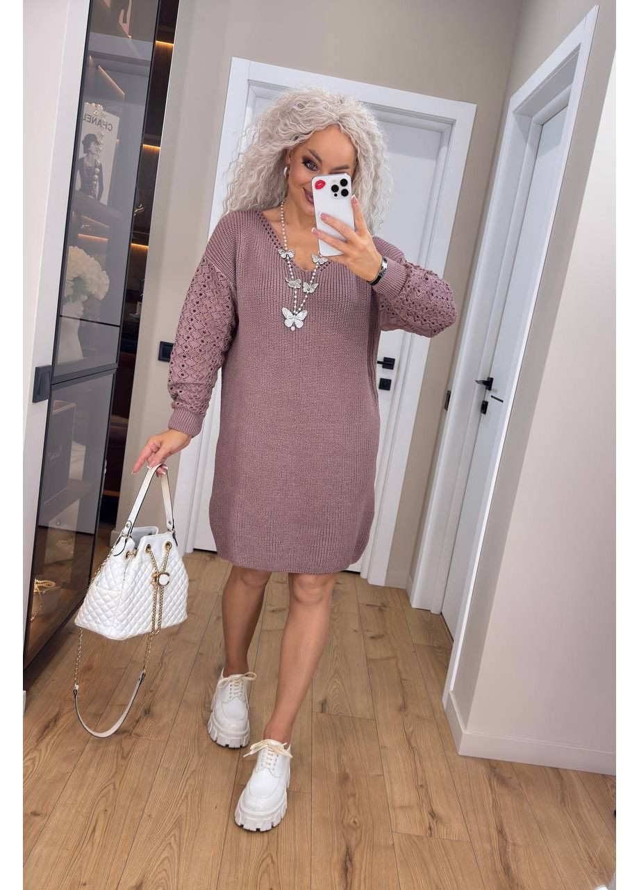 Пудровое женское вязаное платье с ажурными рукавами 00400 No Brand