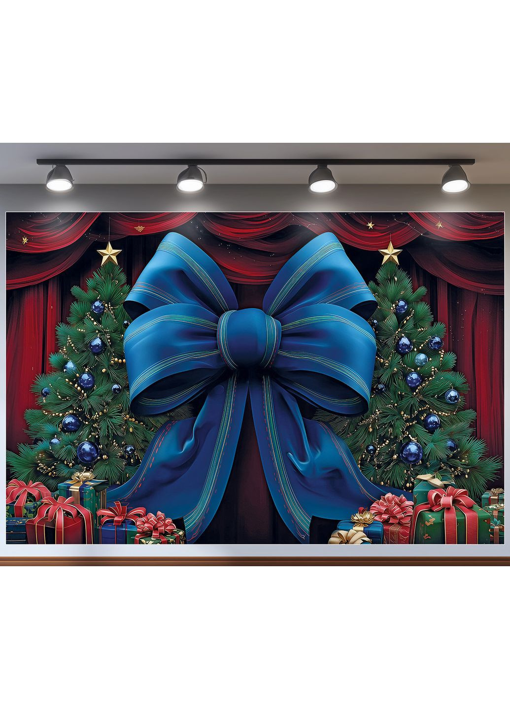 Банер для фотозони Синій бант і ялинка на червоному фоні – №46503 Vinylpex (369929879)
