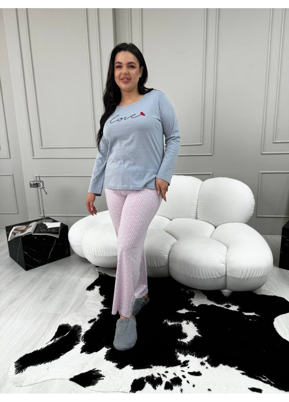 Світло-блакитна всесезон піжама жіноча домашній костюм plus size кофта + брюки No Brand