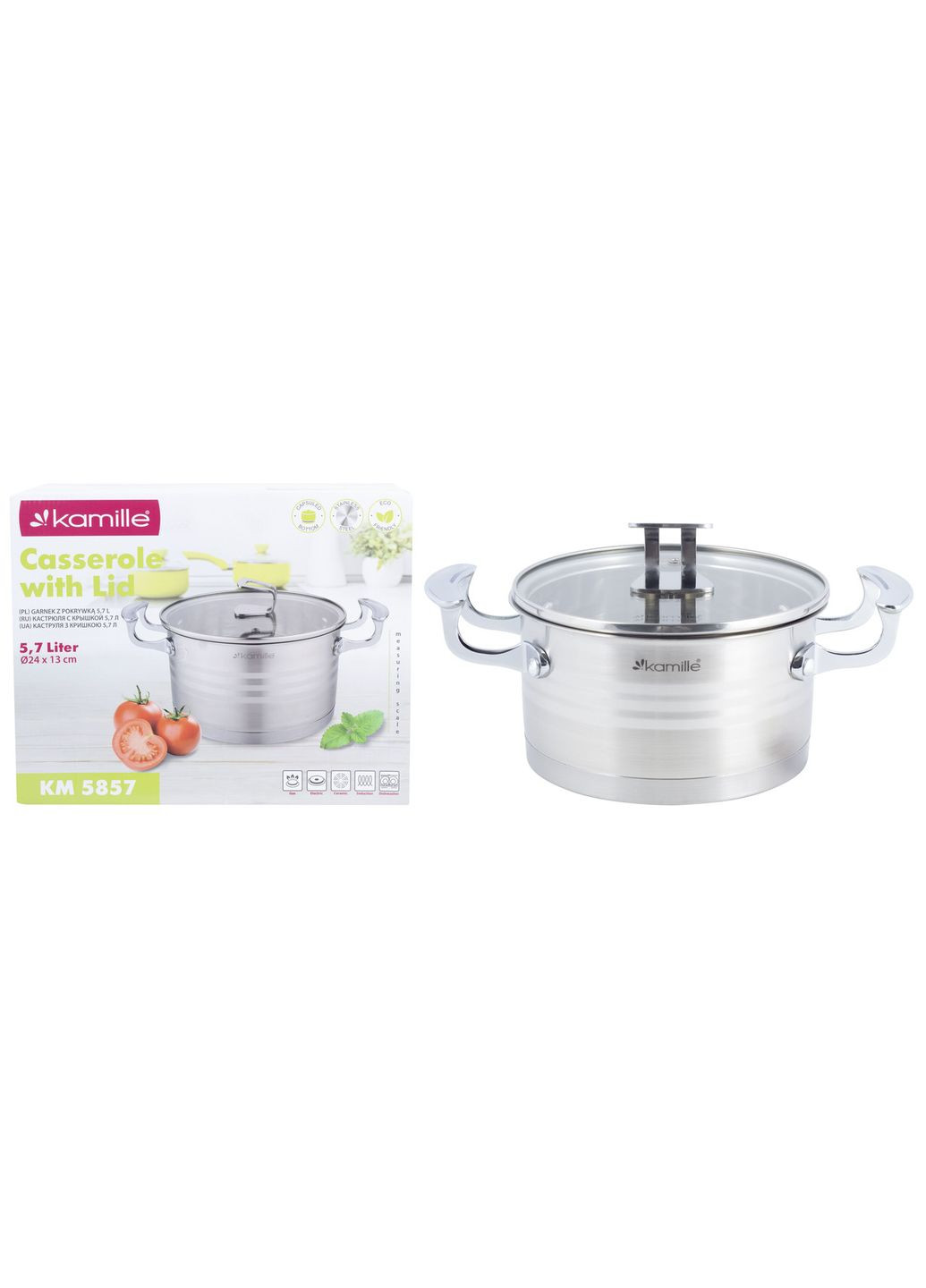 Каструля з кришкою 5,7 л з нержавіючої сталі для приготування їжі для індукції і газу KM-5857 Kamille (371898408)