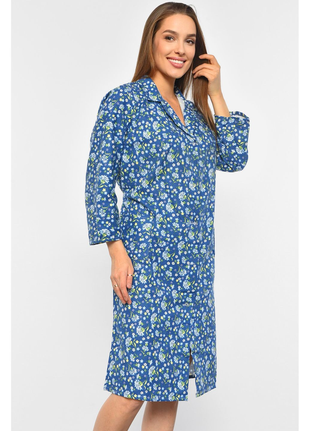 Халат женский байковый батальный синего цвета с цветочным принтом Let's Shop (303509212)