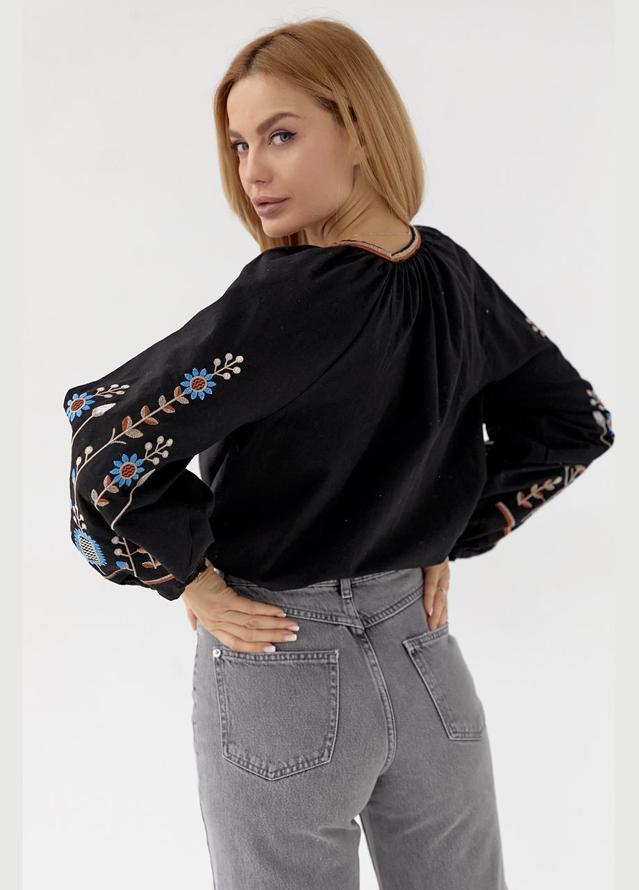 Чёрная женская вышиванка с пышными рукавами на резинке. ESQ свободная хлопок (325220034)