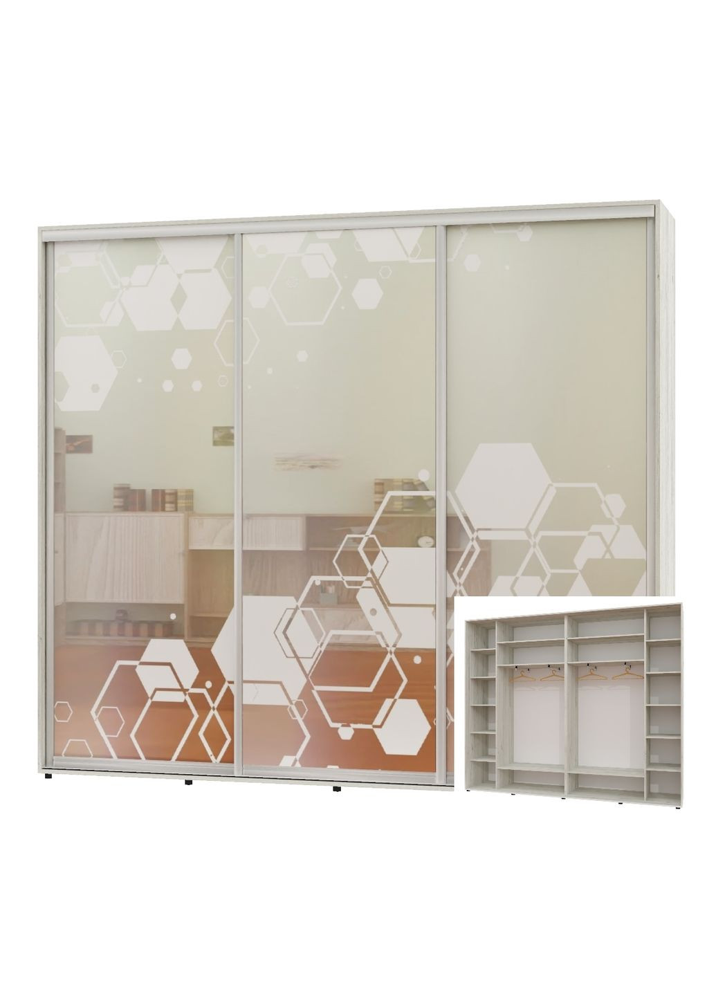 Шкаф-купе трехдверный 300*45*240 Дуб крафт белый Зеркало с пескоструйным рисунком Люкс-149 Алекса (360470814)