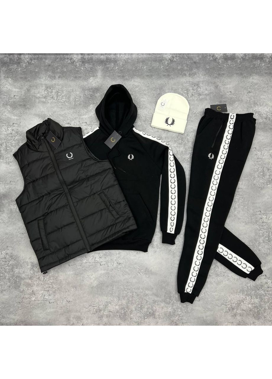 Стильний чоловічий костюм+жилетка+шапка Fred Perry чорний No Brand (352011088)