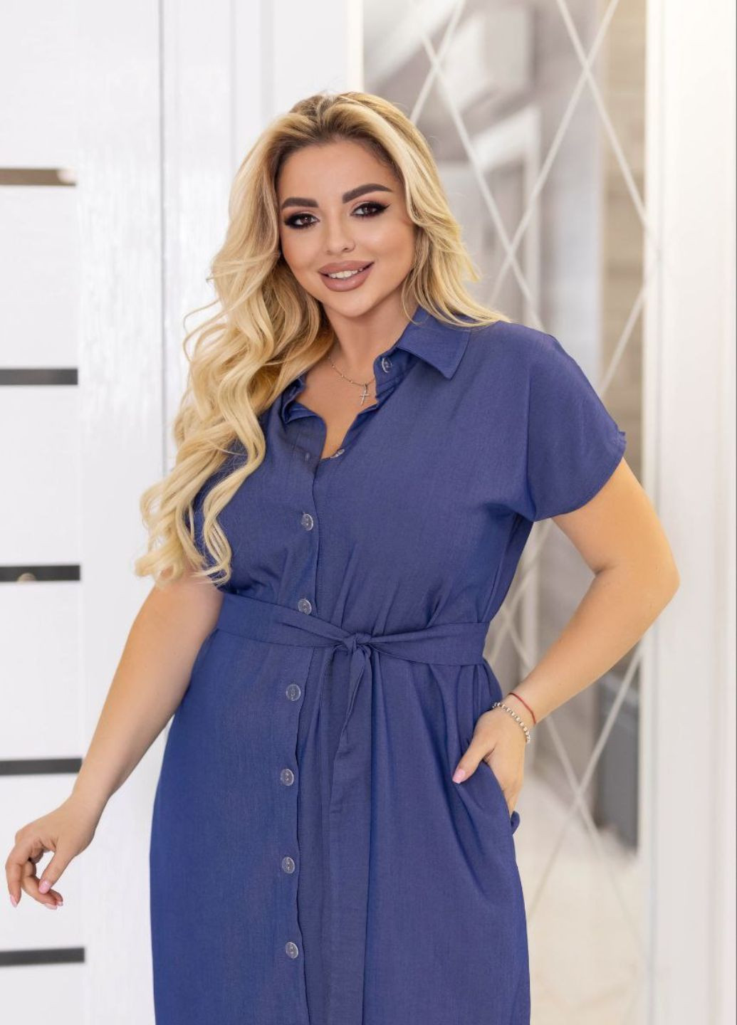 Синя повсякденний сукня міді з полегшеного джинсу сукня-сорочка Allthings однотонна