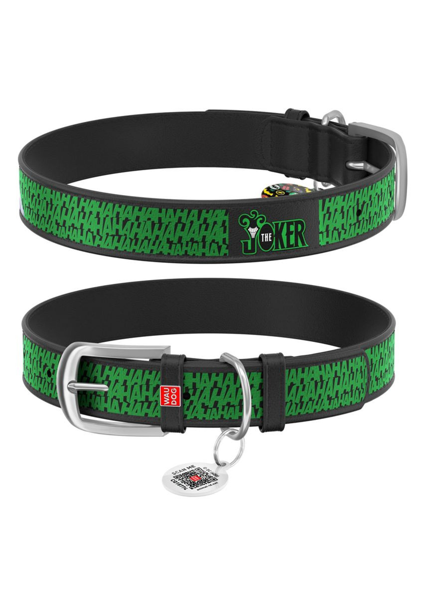 Ошейник для собак кожаный Design с QR паспортом, рисунок "Джокер", XL, Ш 35 мм, Дл 46-59 см, черный WAUDOG (322327910)