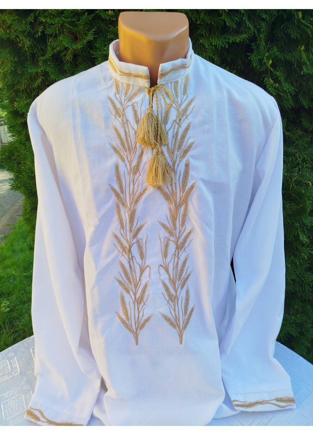 Золотая вышиванка женская "колосок" на белом натуральном домотканом полотне. Прикарпатські Вишиванки прямой хлопок (362207340)