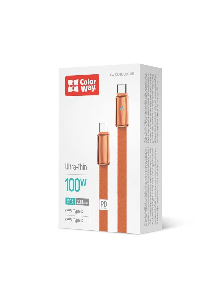 Кабель USB Type-C - USB Type-C (M/M), ultra-thin, 5А, 1 м, Orange (CW-CBPDCC100-OR) Colorway (392033592)