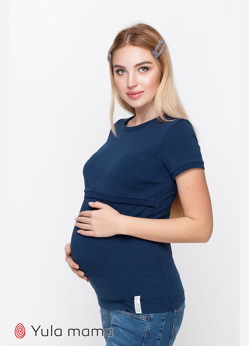 Синя всесезон базова футболка для вагітних та годуючих мам margo l юла мама синій з коротким рукавом Юла мама