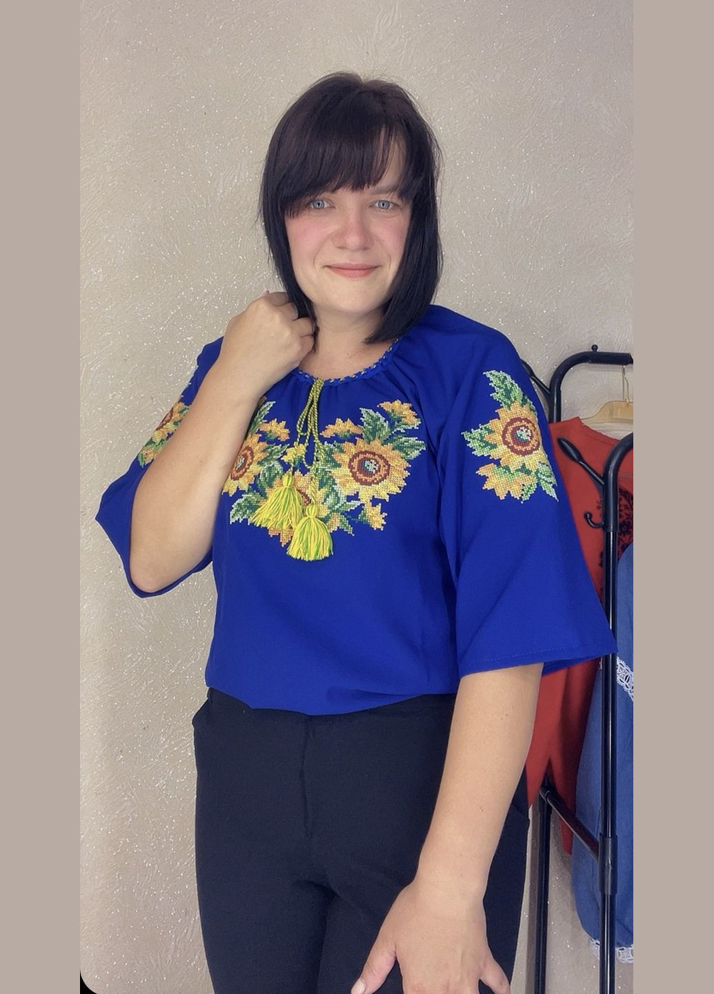 Синя жіноча вишиванка рукав 3/4 НоКо (345122967)