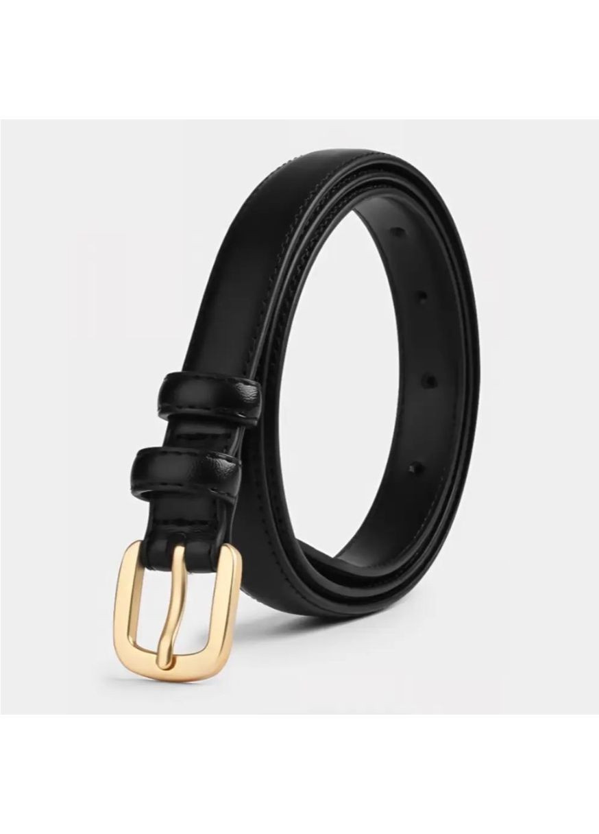 Женский ремень чёрный 95 см из кожи, тонкий универсальный пояс с классической металлической пряжкой для платьев и джинсов No Brand (362682333)