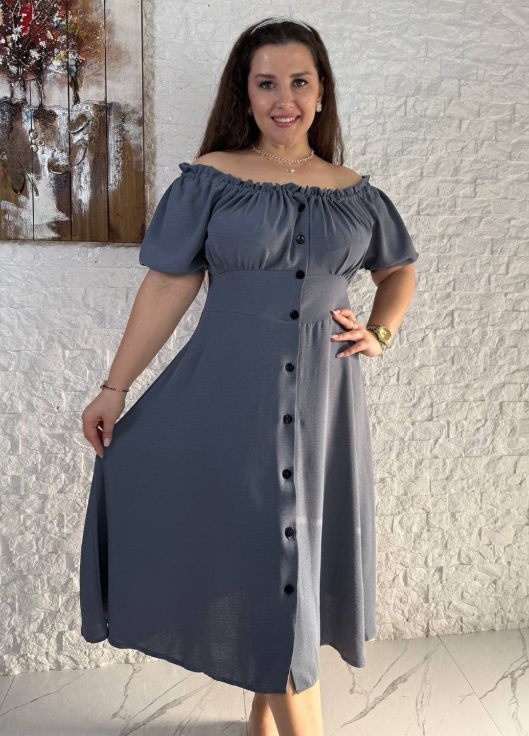 Сіра повсякденний вишукана легка літня повсякденна міді сукня на гудзиках з короткими рукавами ліхтарик Україна однотонна