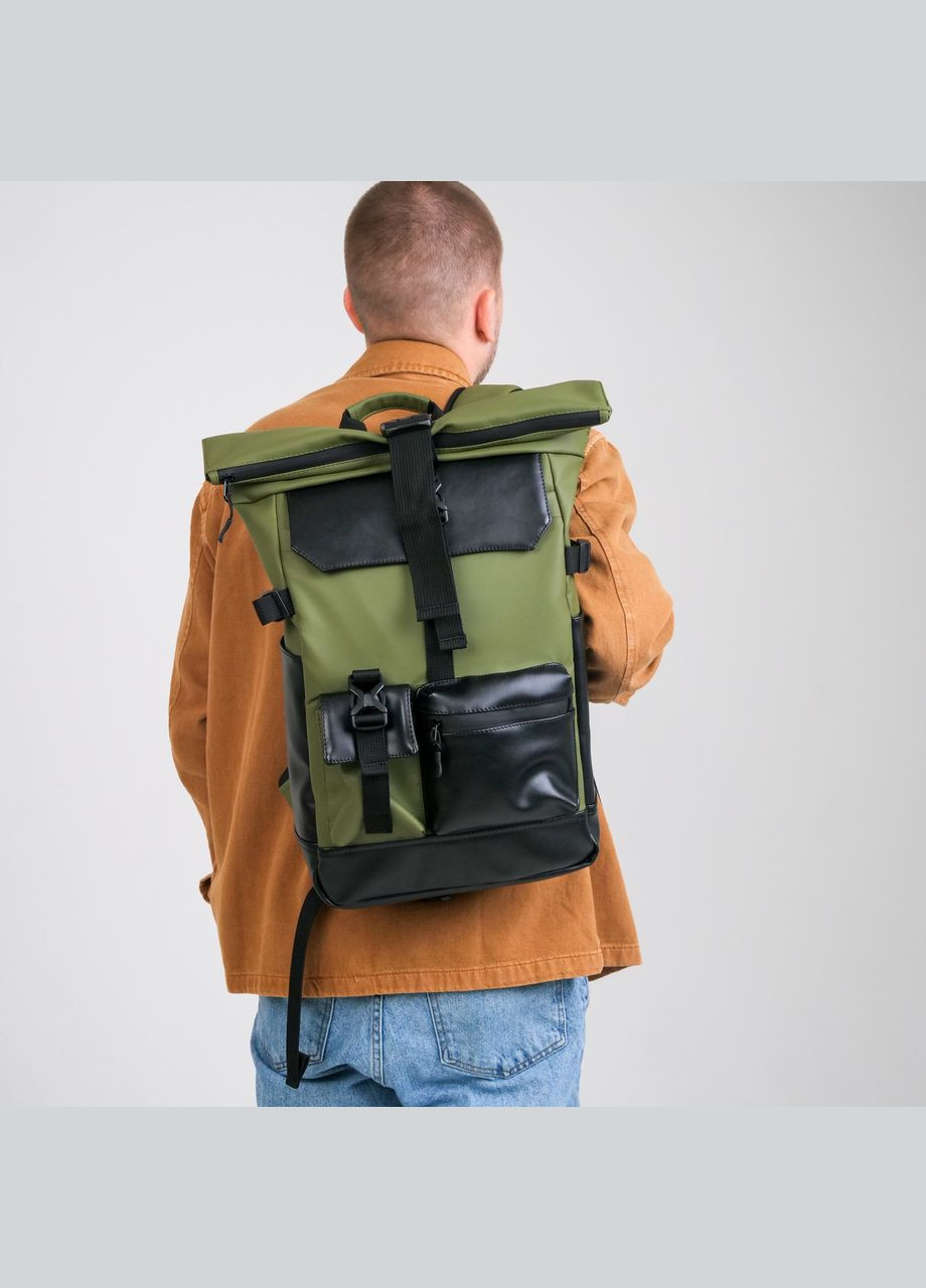 Мужской рюкзак для ноутбука с отделением для аксессуаров цвета хаки из экокожи ToBeYou rolltopnew (293247133)