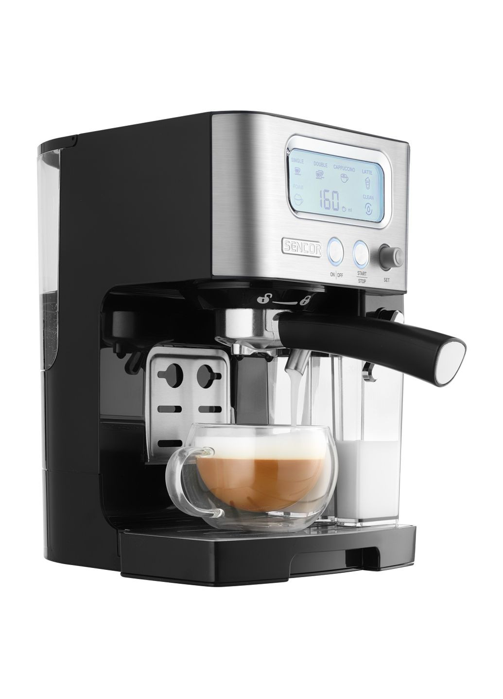 Кофеварка рожковая 1.4л, молотая, автоматический капучинатор, LCD-дисплей, нерж. сталь-черный Sencor (330031606)