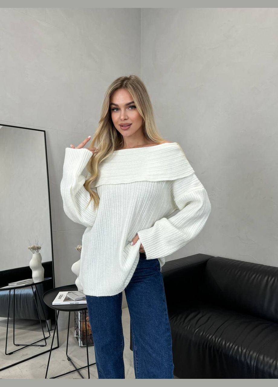 Молочный демисезонный женский удлиненный свитер-туника молочного цвета 30471 No Brand