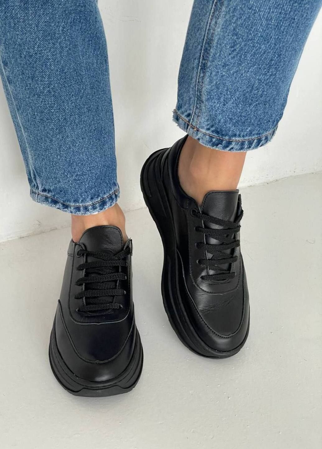 Кроссовки из натуральной кожи No Brand в чорному кольорі чёрные демисезоны (318069548)