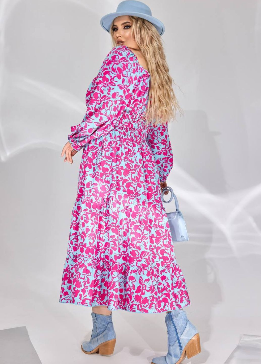 Малиновое повседневный платье макси с вырезом каре на завязках No Brand с цветочным принтом