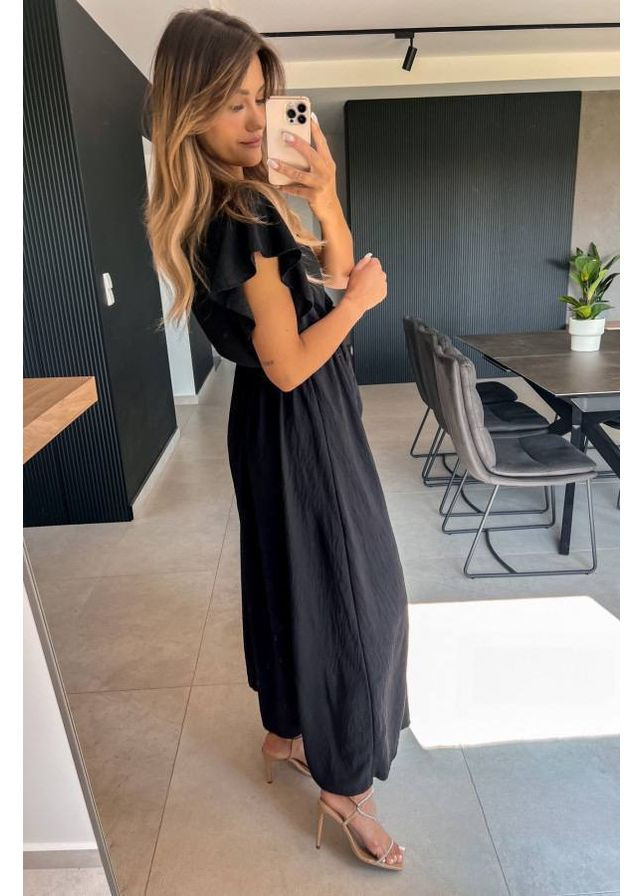 Черное повседневный женское платье-макси с запахом и глубоким разрезом на запах Україна однотонное