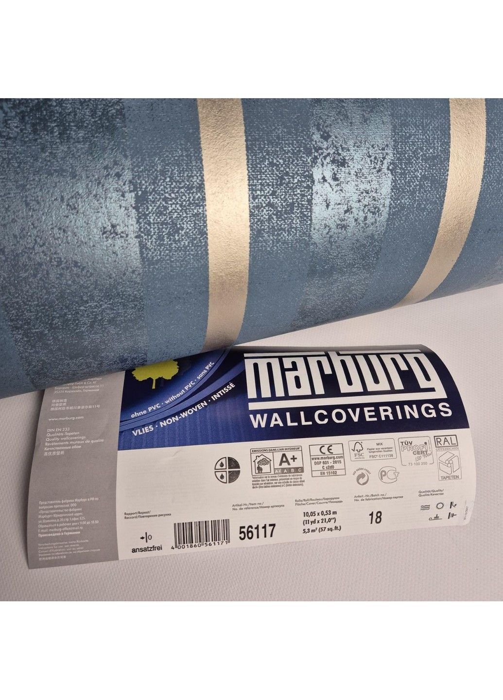 Обои виниловые на флизелине 0.53 × 10.05 м 56117, синие — для спальни, гостиной, прихожей MARBURG (368895712)