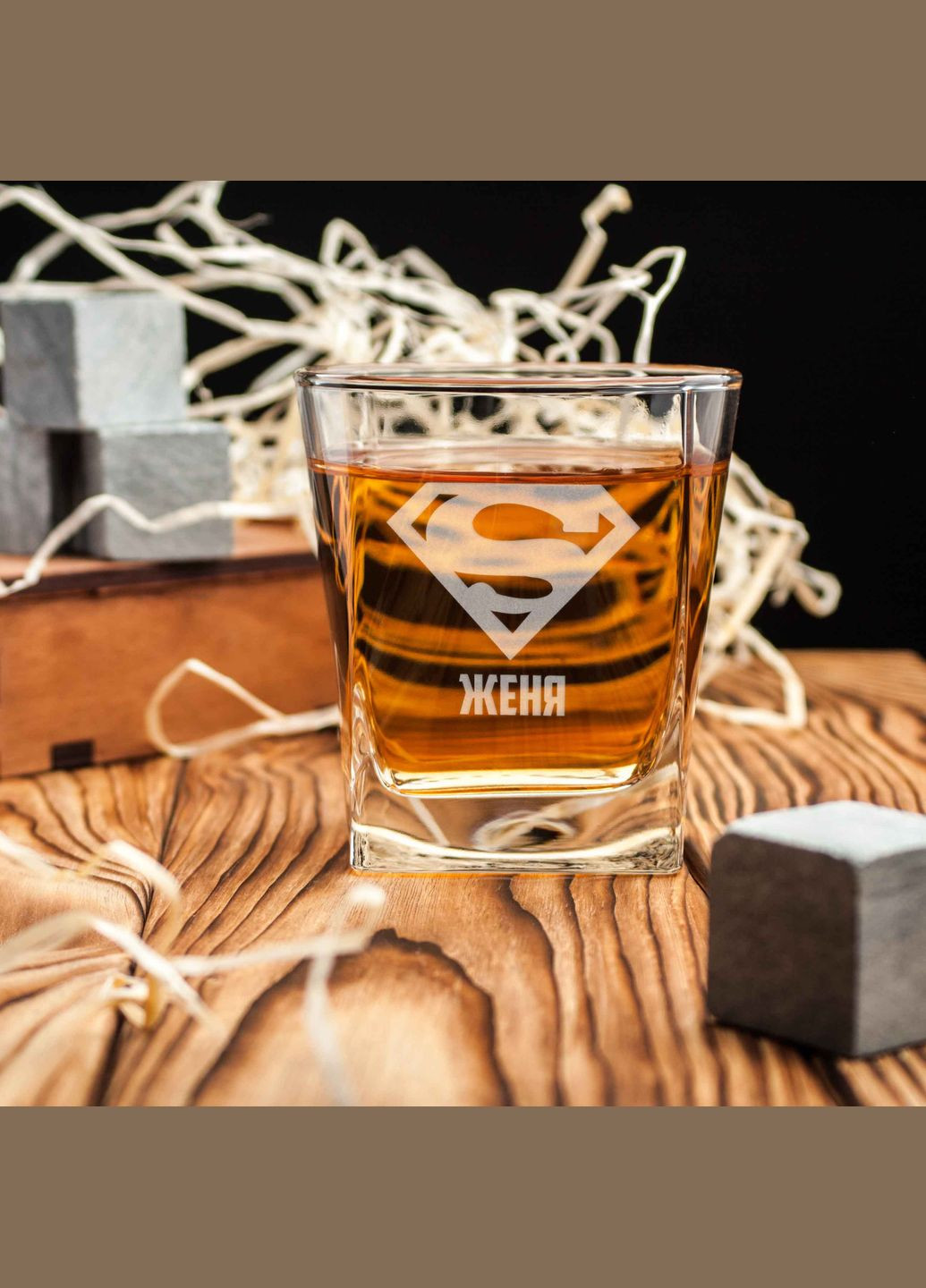 Склянка для віскі "Супермен" персоналізований, Дерев'яна подарункова коробка з гравіюванням BeriDari (293509957)