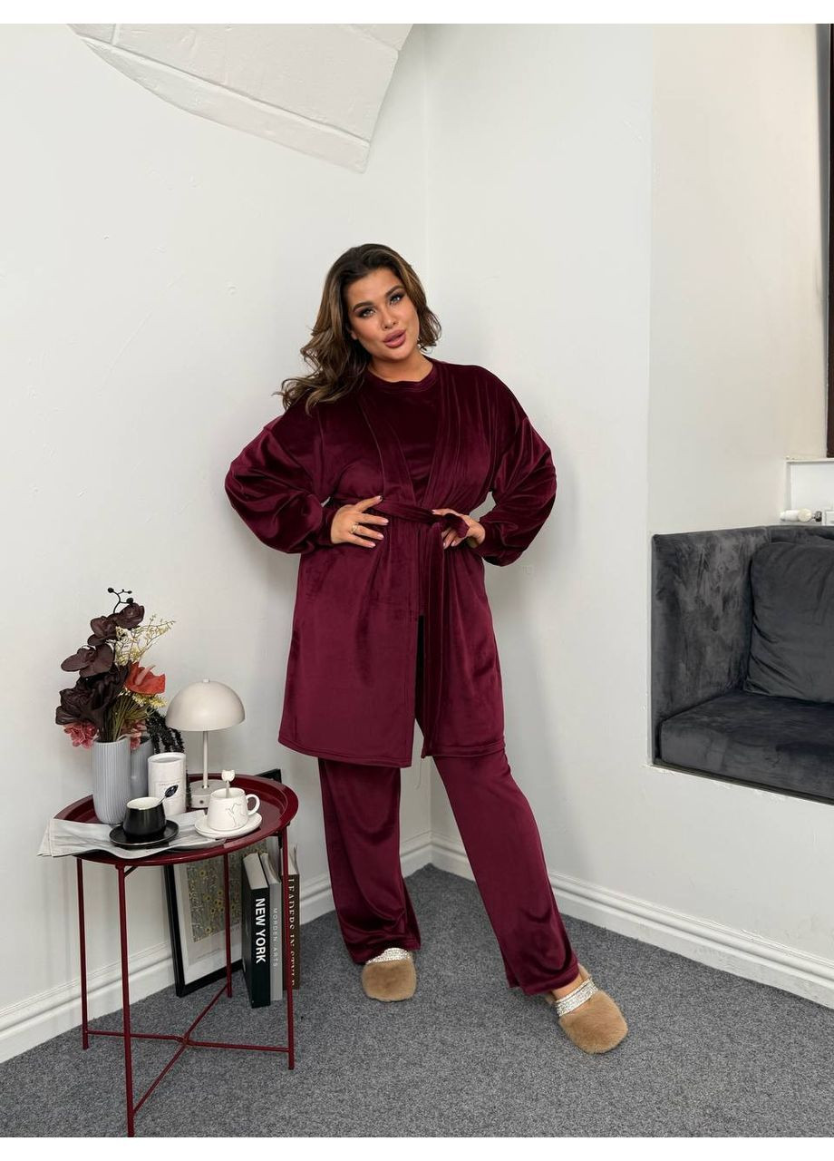Бордова жіноча велюрова піжама трійка Osoblyva