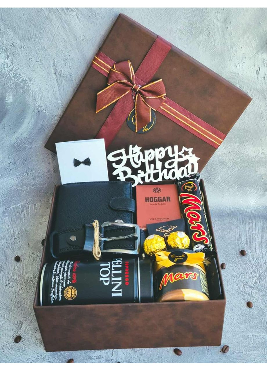 Подарунковий набір для чоловіка, для керівника з парфумами, гаманцем, ременем, кавою та солодощами No Brand (360549837)