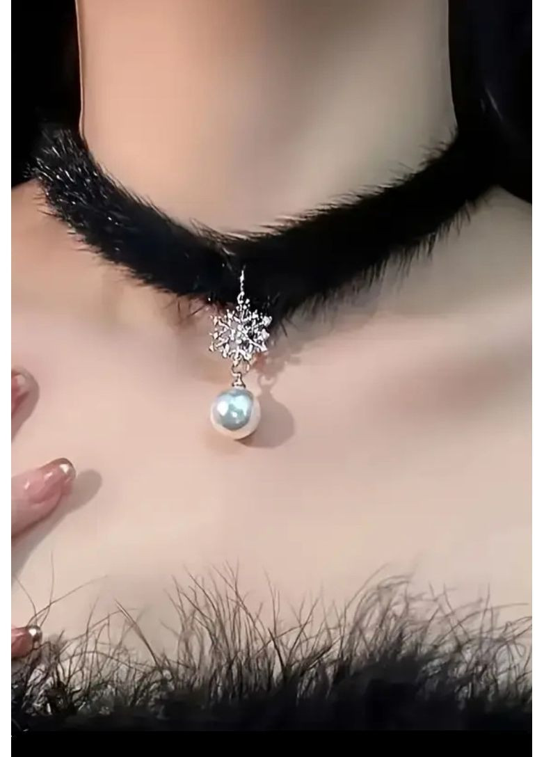 Меховой черный чокер колье с мехом снежинкой, жемчужиной, 1722 No Brand (368887156)