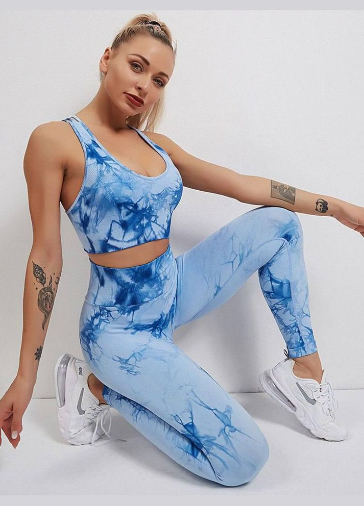 Спортивний костюм з мармуровим принтом (топ та легінси) голубого кольору, розмір L Trends (330757643)