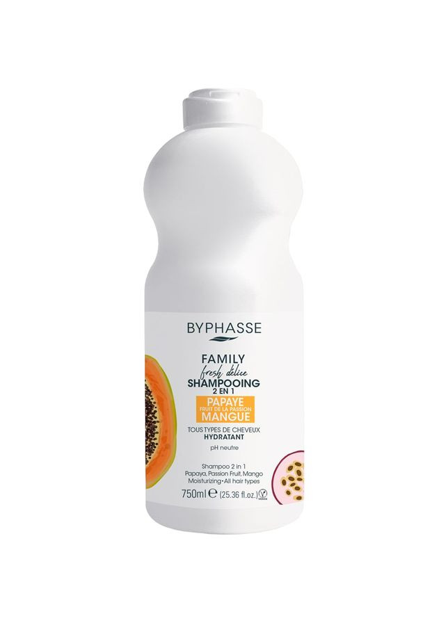 Шампунь для всіх типів волосся Family Fresh Delice 2 в 1, з папаєю, маракуєю та манго, 750 мл Byphasse 775211 (328394509)