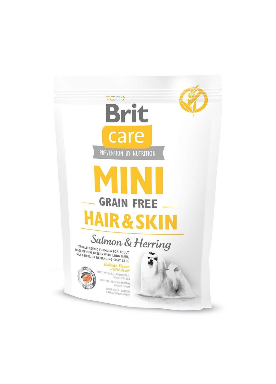 Сухой корм для взрослых собак миниатюрных пород Mini Grain Free Hair & Skin 0.4 кг Brit Care (279561283)