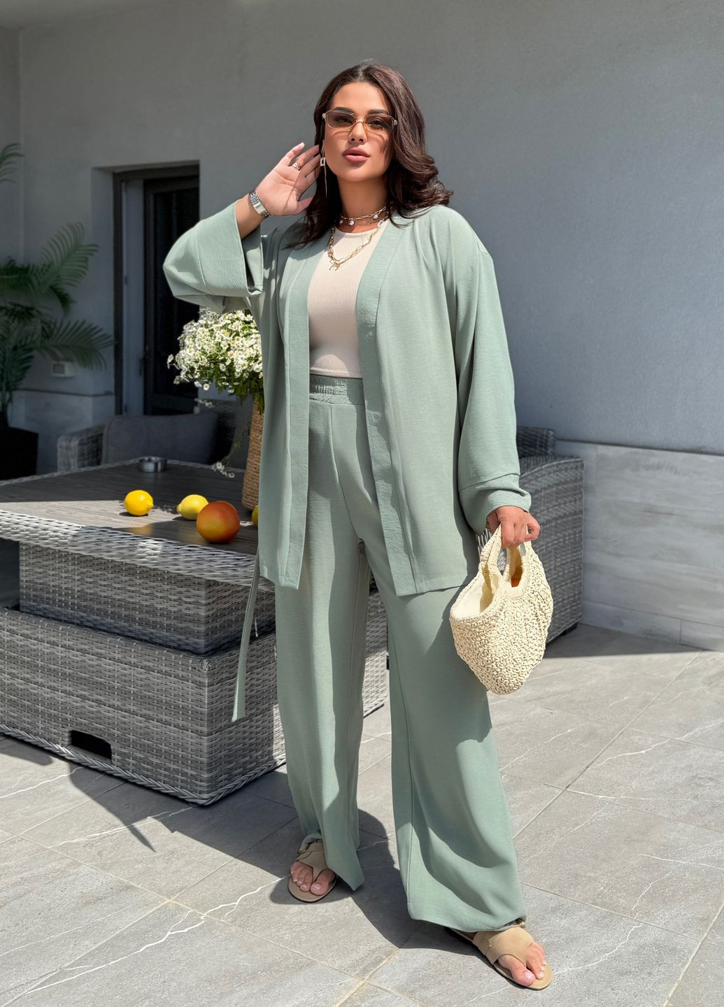 Костюм женский летний оверсайз из крепа (кардиган + штаны) No Brand (335426937)