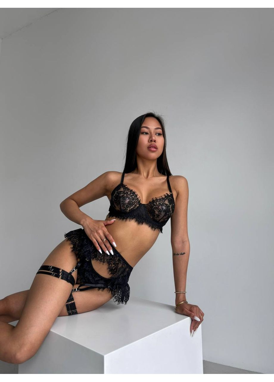 Чёрный балконет комплект женского белья | соблазнительная нежность, чёрный кружевной Vital-Textile с косточками полиэстер, эластан