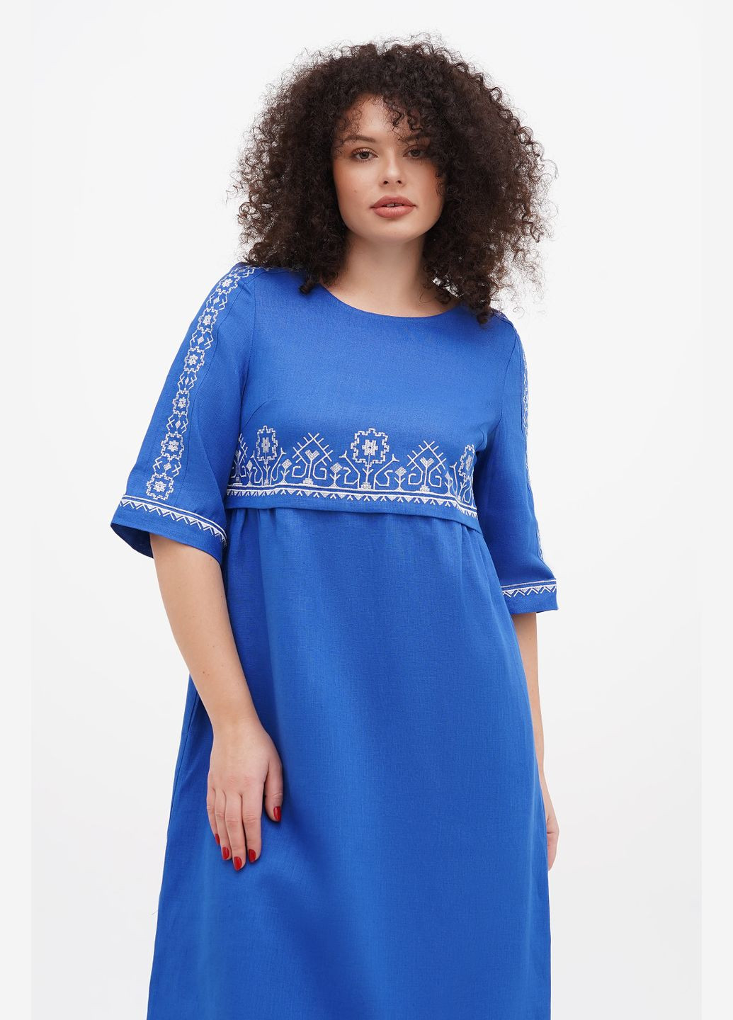 Синя вишита лляна сукня з квітковим геометричним орнаментом мірося великі розміри (plus size)., р., код 0409/60/1318 ГАЛЕРЕЯ ЛЬОНУ