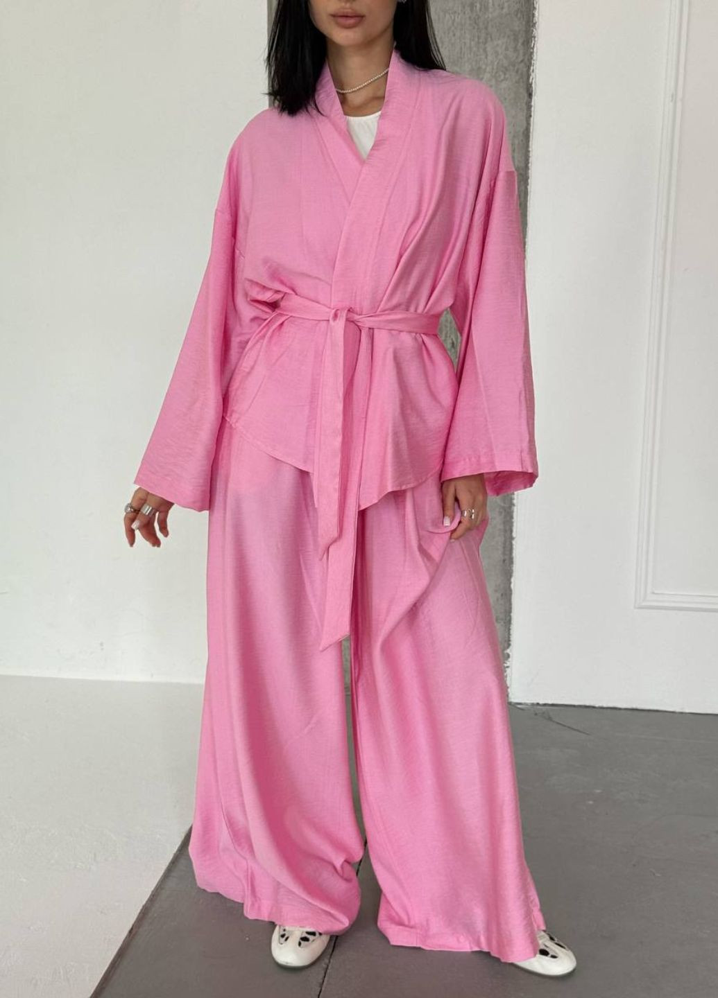Изысканный легкий летний свободный повседневный костюм двойка: кимоно с поясом + штаны Tik-Tak (348830740)