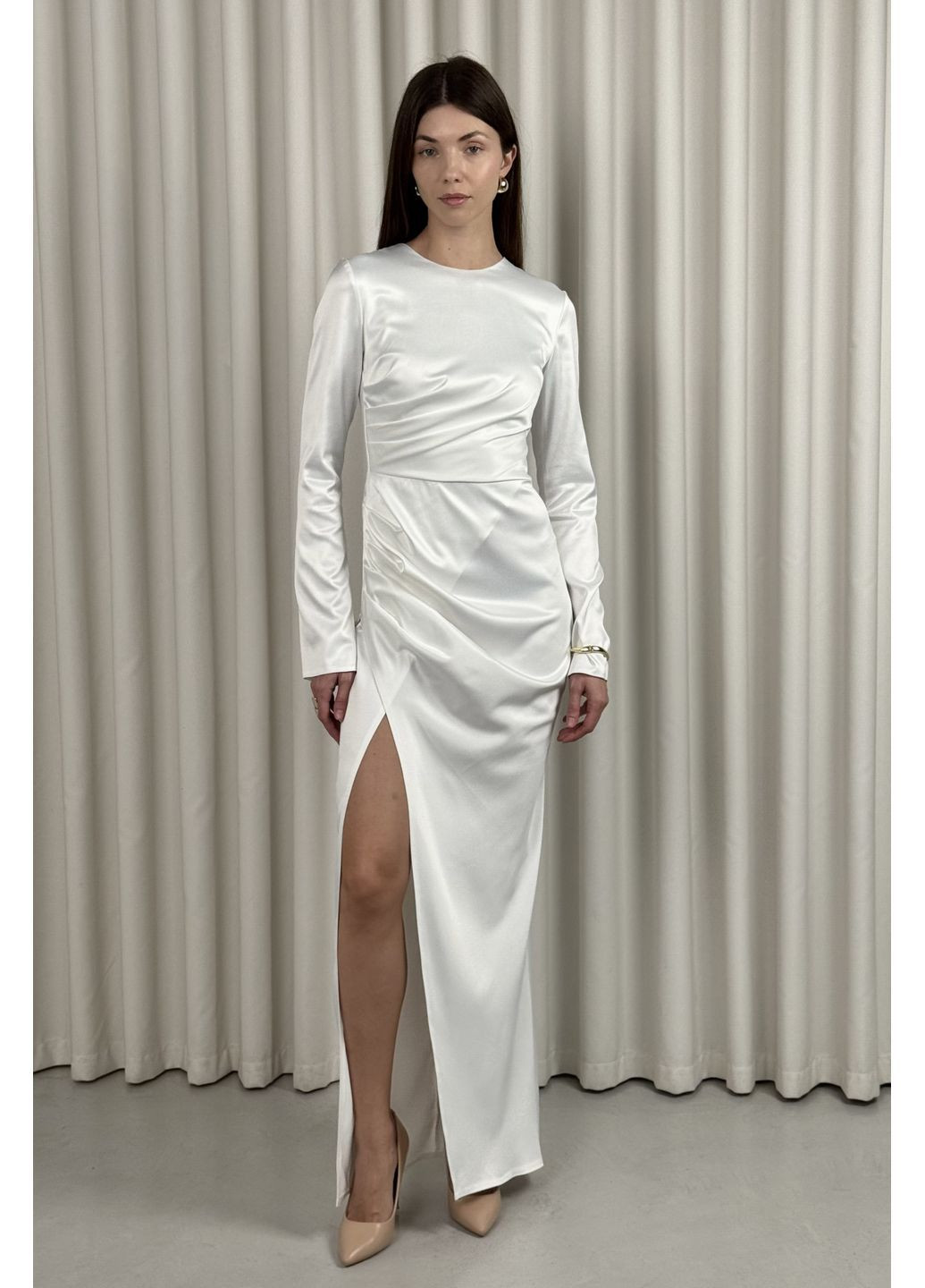 Белое праздничный, коктейльное, вечернее платье макси со сборкой CHICLY однотонное