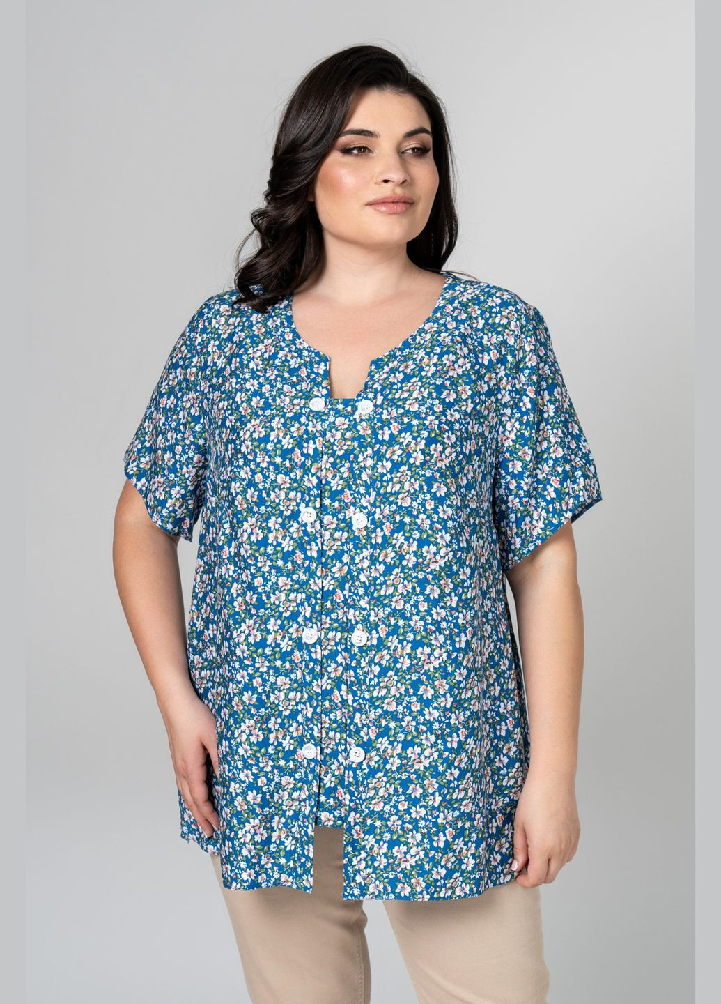 Голубая блуза прямого силуэта декорирована двумя планками с пуговицами all posa (ap101968p) A'll Posa