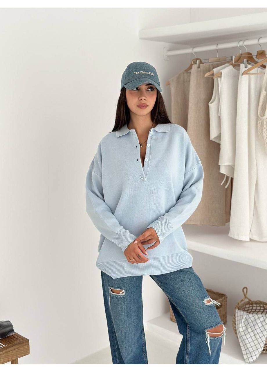 Блакитний демісезонний жіночий трикотажний джемпер з коміром-поло джемпер Україна